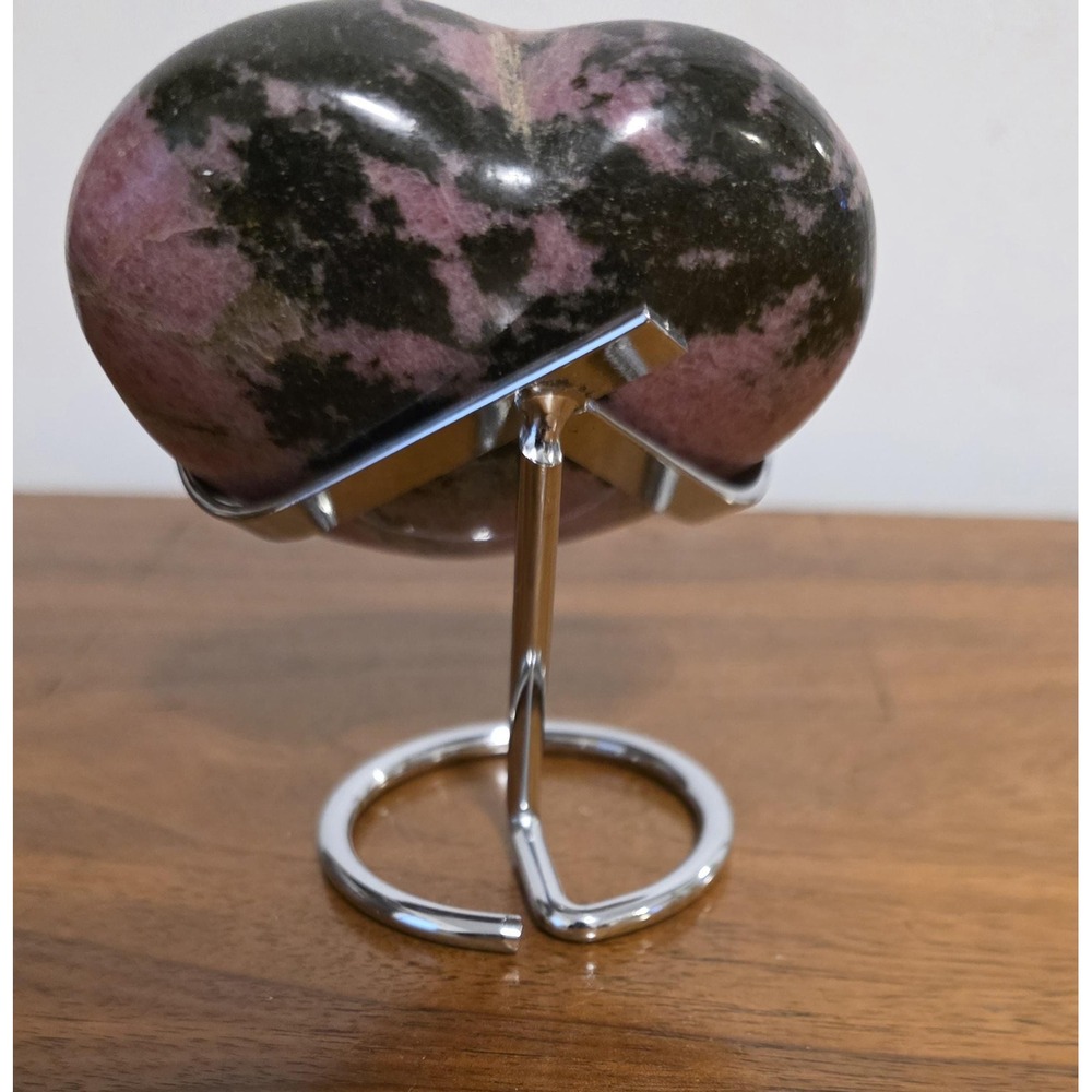 Large Pink Rhodonite Heart, Black Markings, Valentine's Gift with Stand